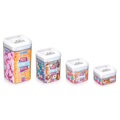 Kit Pote Hermético Crystal 4 Peças Com Tampa Quadrada