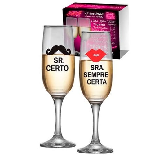 Taça Champanhe Vidro Sr Sra Certo - kit com 2